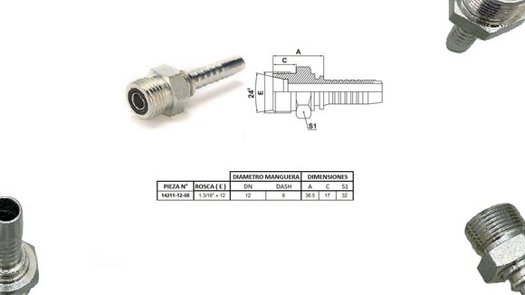 Imagen de MACHO RECTO 13/16"ORFS X 12F 08 MANG. 1/2" PLANO C/ORRING